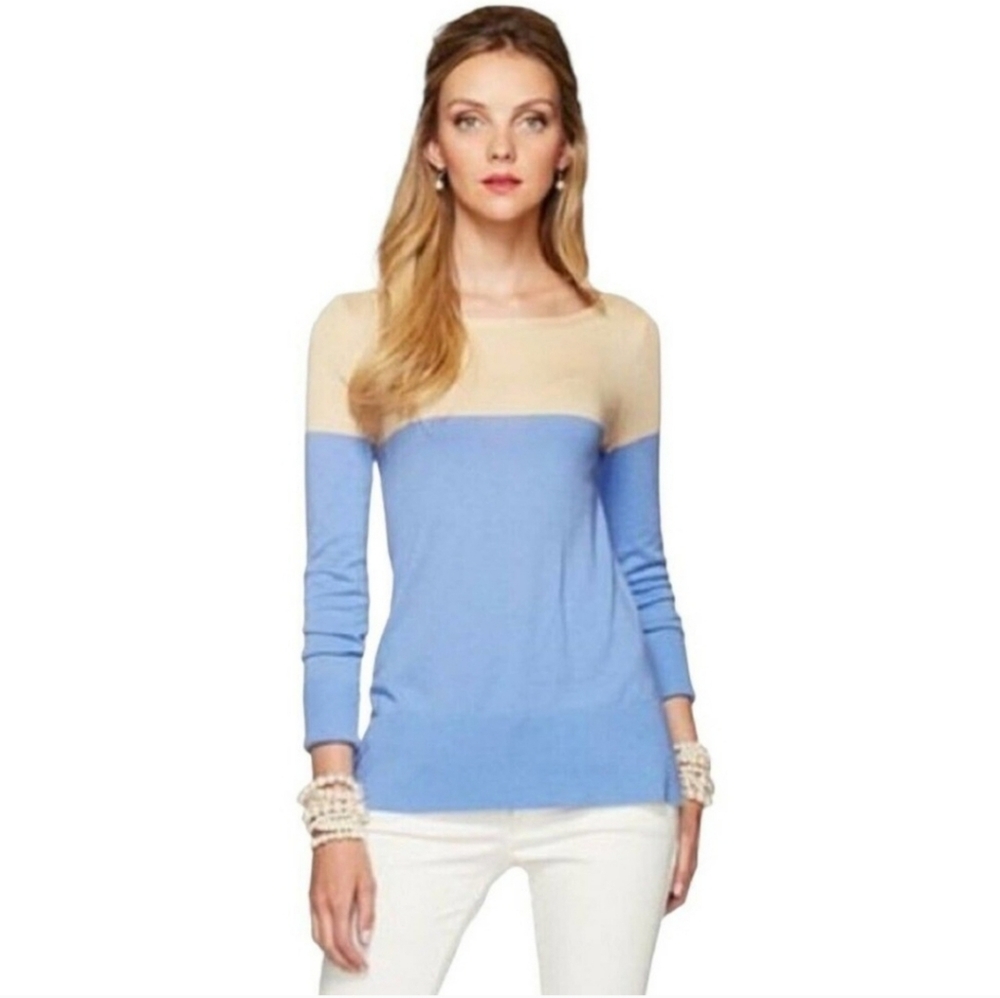 Lilly Pulitzer Sweater Medium Debra Colorblock Wool Blend Work Blue Tan Soft‎ M